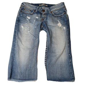 BKE Stella Distressed Long Shorts Capris Distressed Frey hem